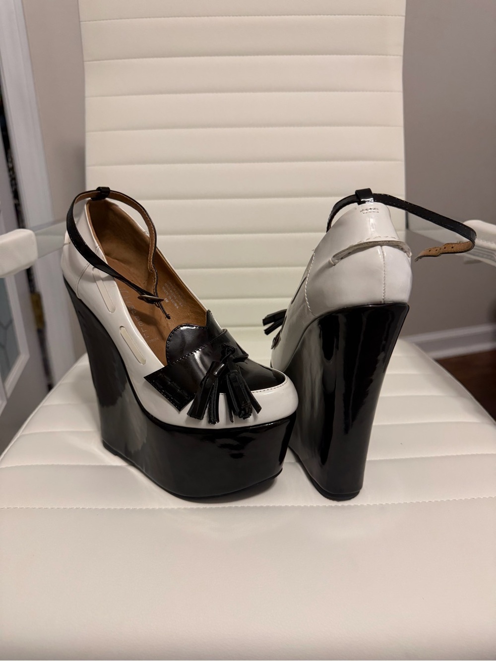 Jeffrey Campbell Black and White Patent Platform Wedge Tassel Loafers
